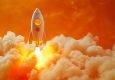 A cute rocket toy launches into the sky, leaving behind a trail of vibrant colors against a bright orange background. The scene ignites feelings of adventure and creativity, celebrating exploration.